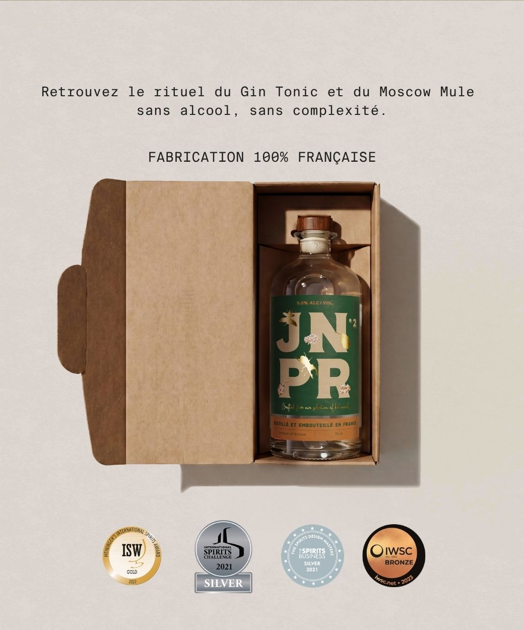 gin sans alcool jnpr épicé genièvre spiritueux sans alcool cocktail sans sucre gin tonic moscow mule fabrication française médailles