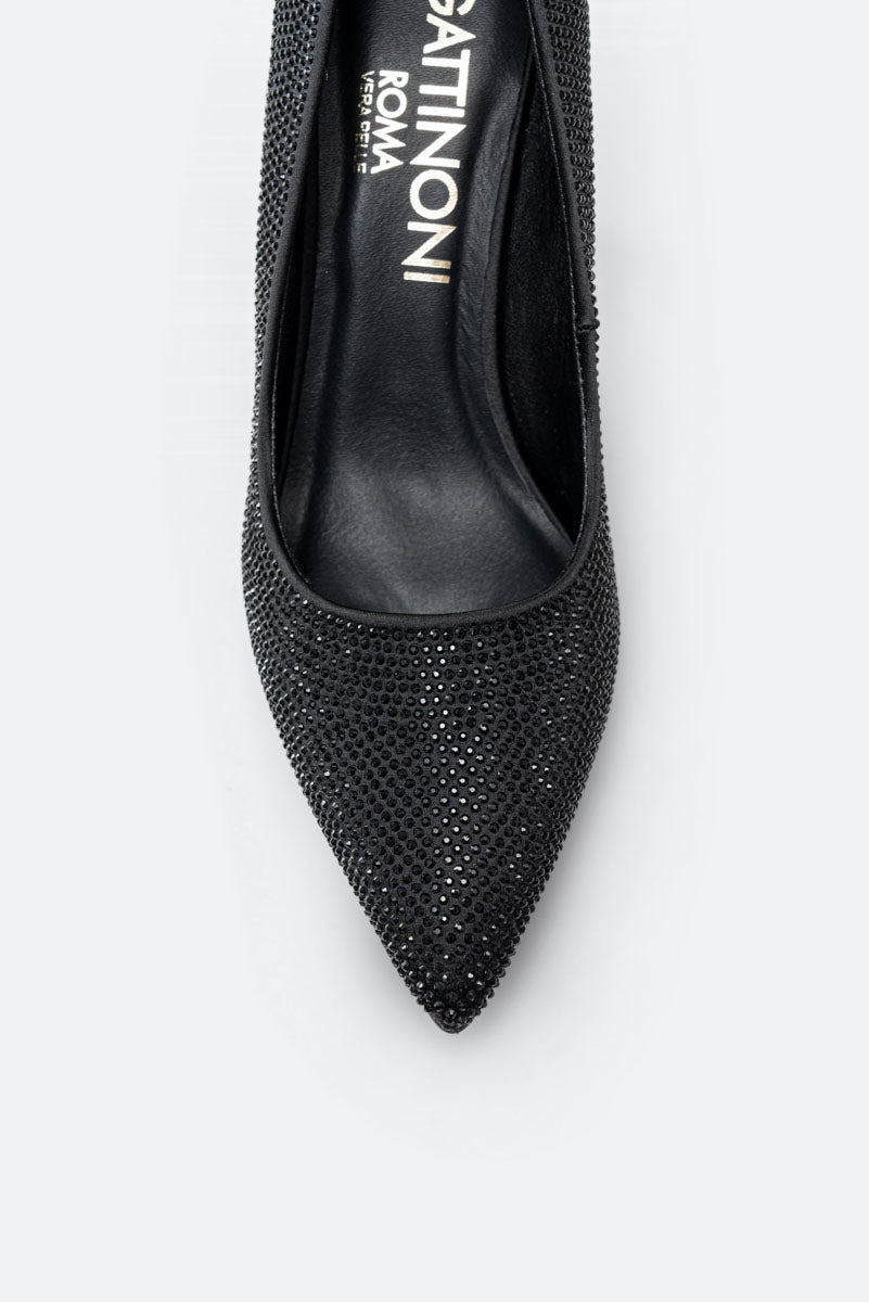 Miranda Black Satin Pumps with Rhinestones