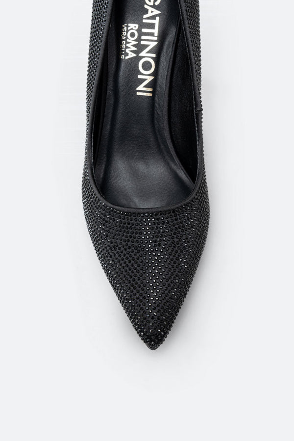 Miranda Black Satin Pumps with Rhinestones