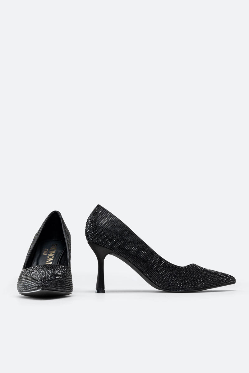 Miranda Black Satin Pumps with Rhinestones
