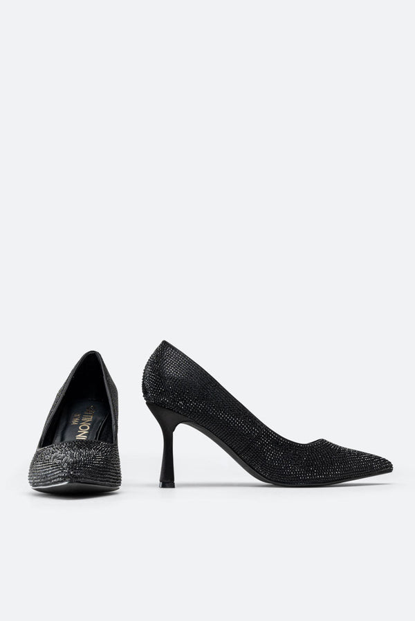 Miranda Black Satin Pumps with Rhinestones