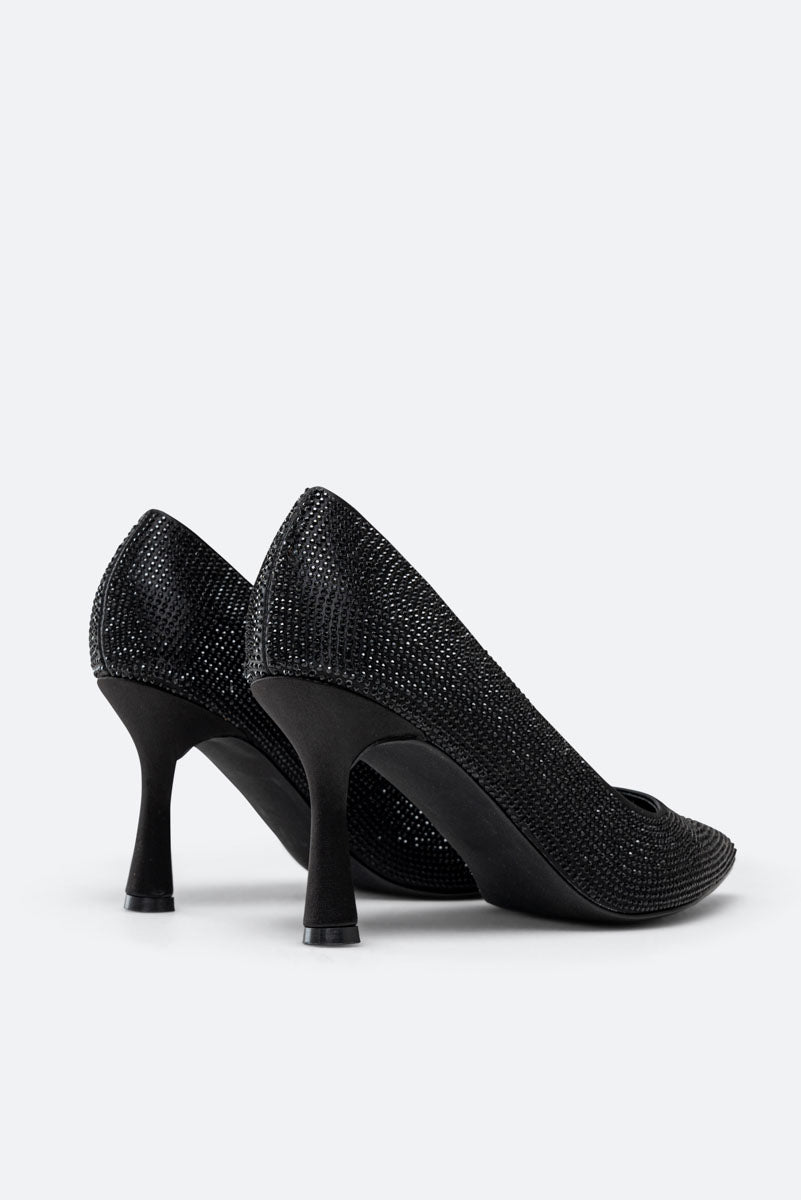 Miranda Black Satin Pumps with Rhinestones