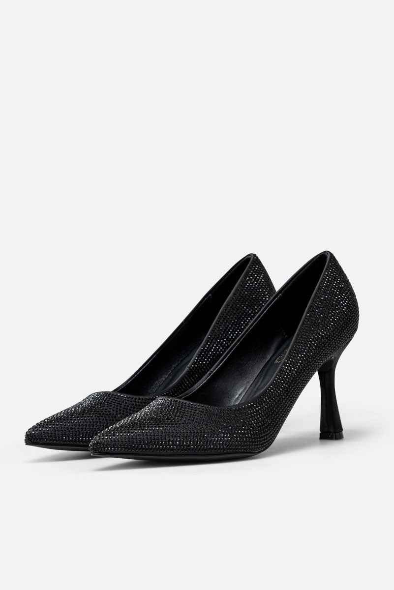 Miranda Black Satin Pumps with Rhinestones