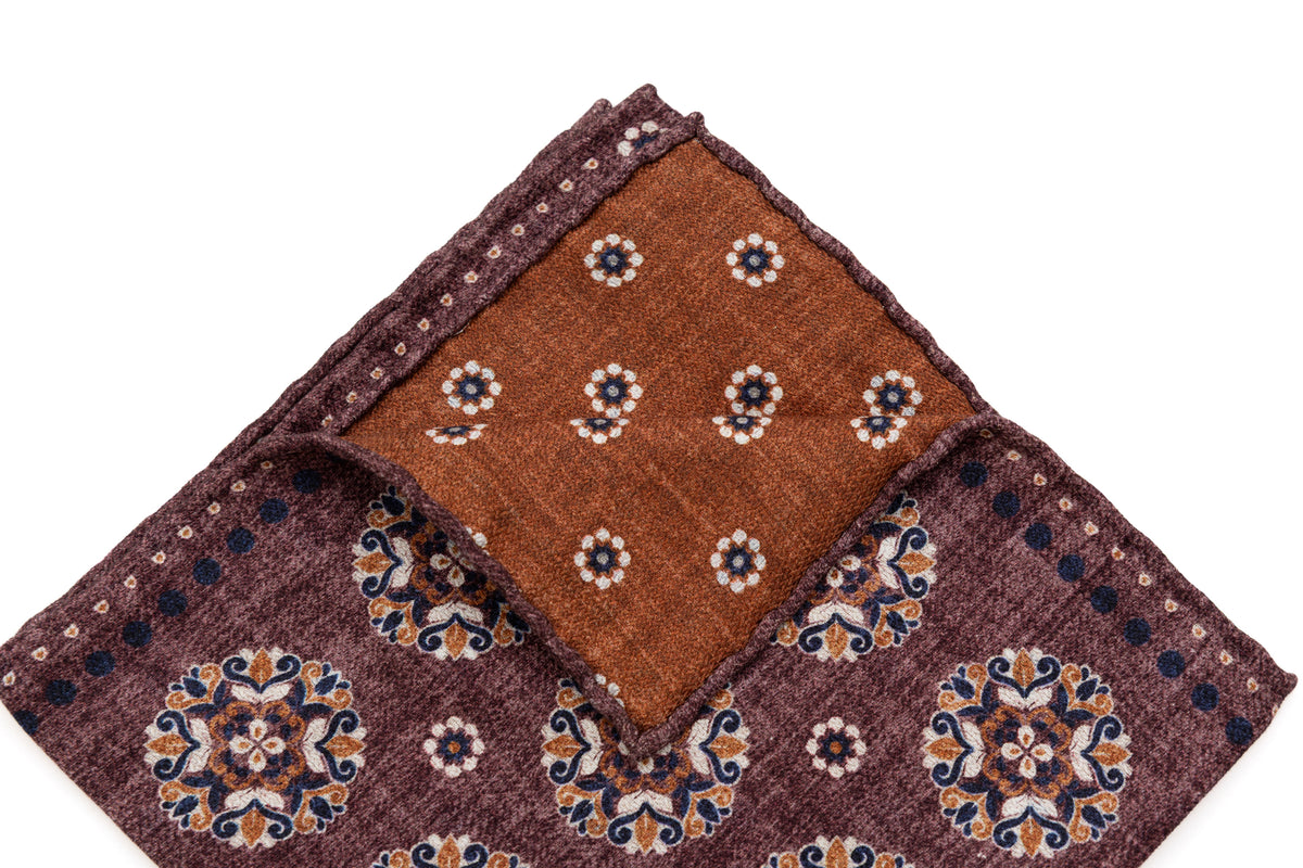 Burgundy patterned pocket square in pure silk