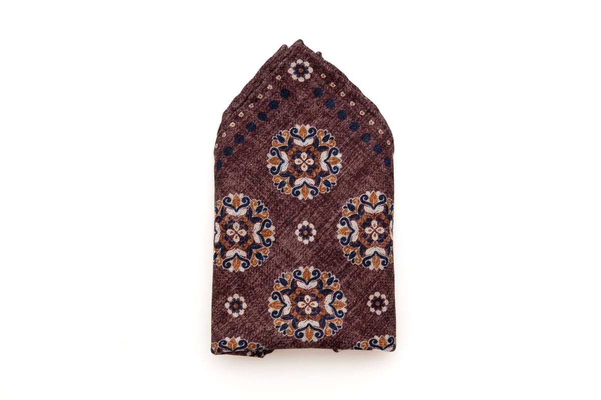 Burgundy patterned pocket square in pure silk