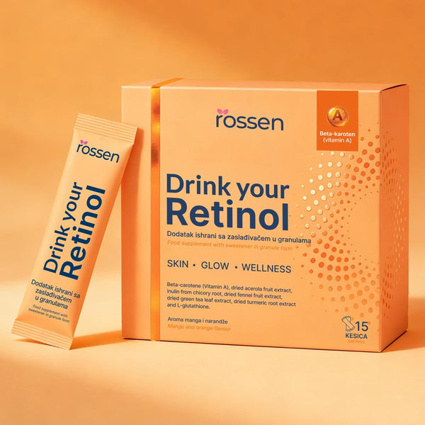 Box and sachet packaging for 'Drink your Retinol' vitamin A supplement by Rossen, orange-toned display