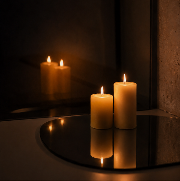 Two candles on a reflective surface with a mirror reflecting the scene in a dimly lit setting.