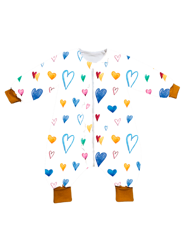 Muslin sleeping bag with legs, sleeves, and filling - Playful hearts