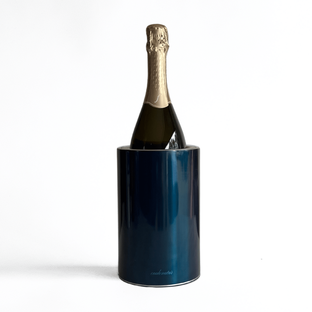 Coolenator midnight blue design wine cooler with a bottle of wine