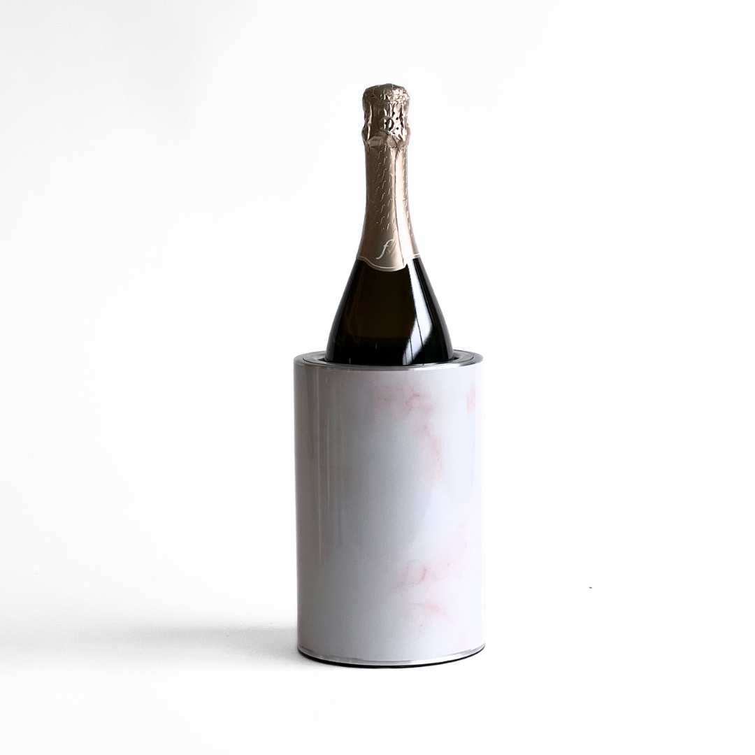 Coolenator pink cloud marble design wine cooler with a bottle of wine