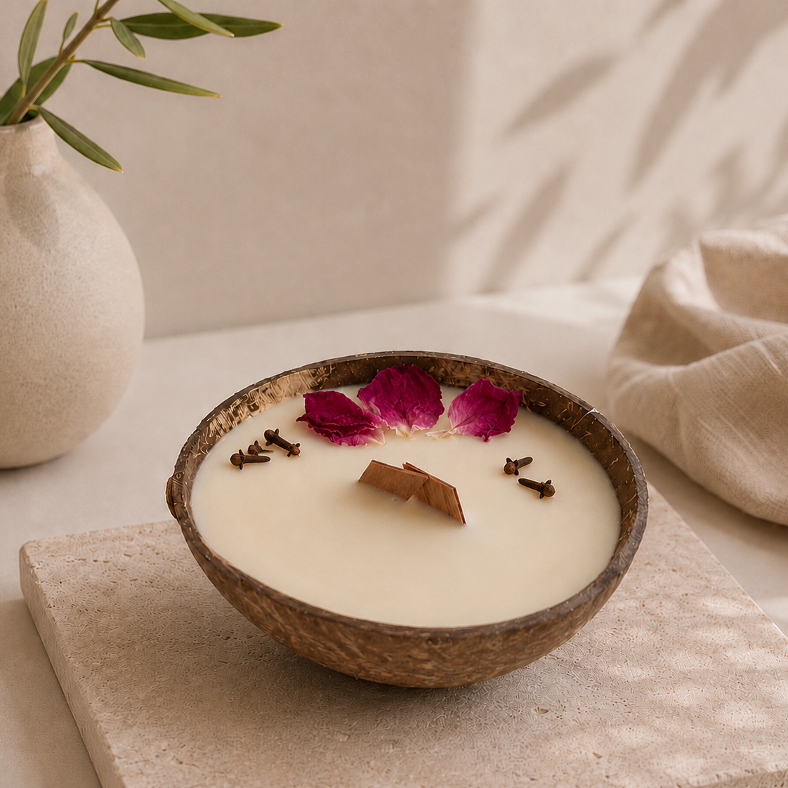 Rose • Clove coconut shell candle with wooden wick