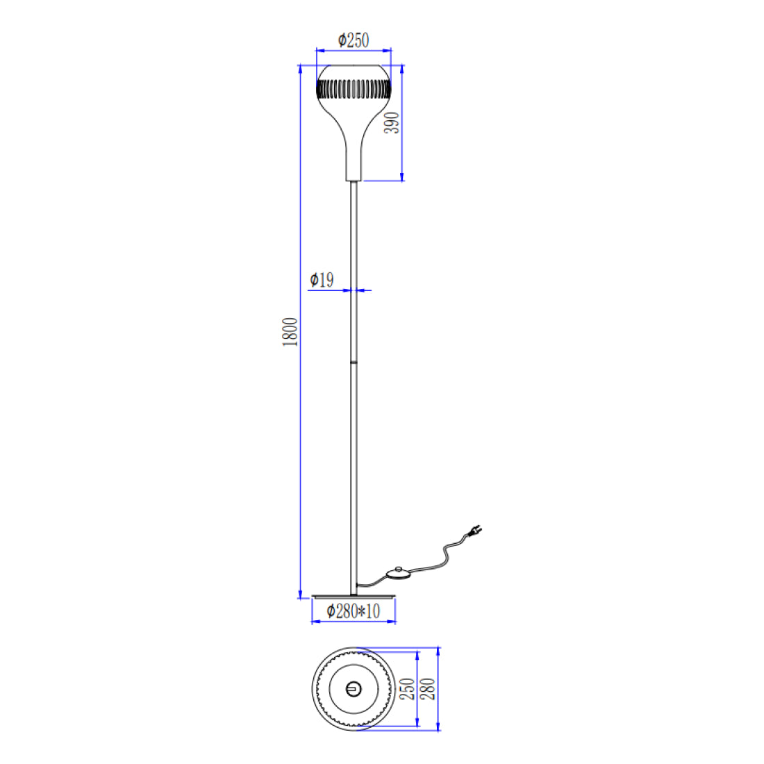 Technische tekening van de Various Canna vloerlamp 180 cm met afmetingen en E27 fitting.