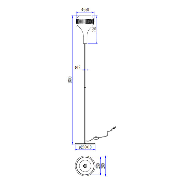 Technische tekening van de Various Canna vloerlamp 180 cm met afmetingen en E27 fitting.