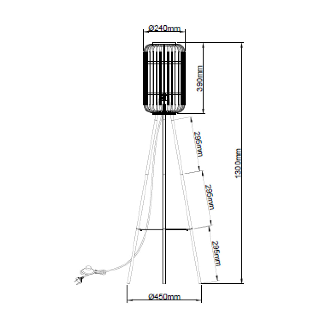 Technische tekening van de Various Woven vloerlamp Ø22 cm met hoogte 130 cm en E27 fitting.