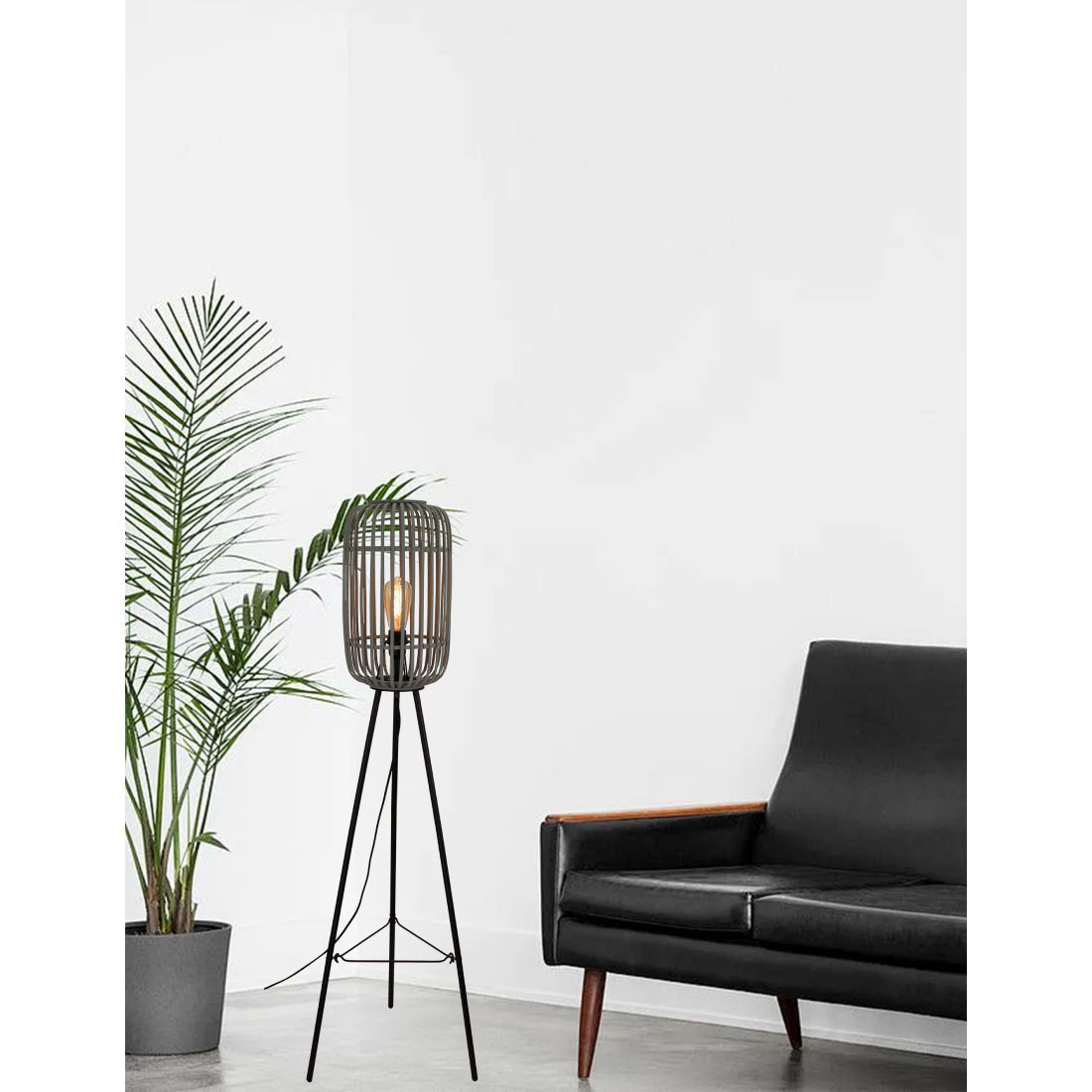Various Floor Lamp Living Room with Rattan Lampshade Ø 22cm, Black Metal Tripod, E27, Total Height 130cm