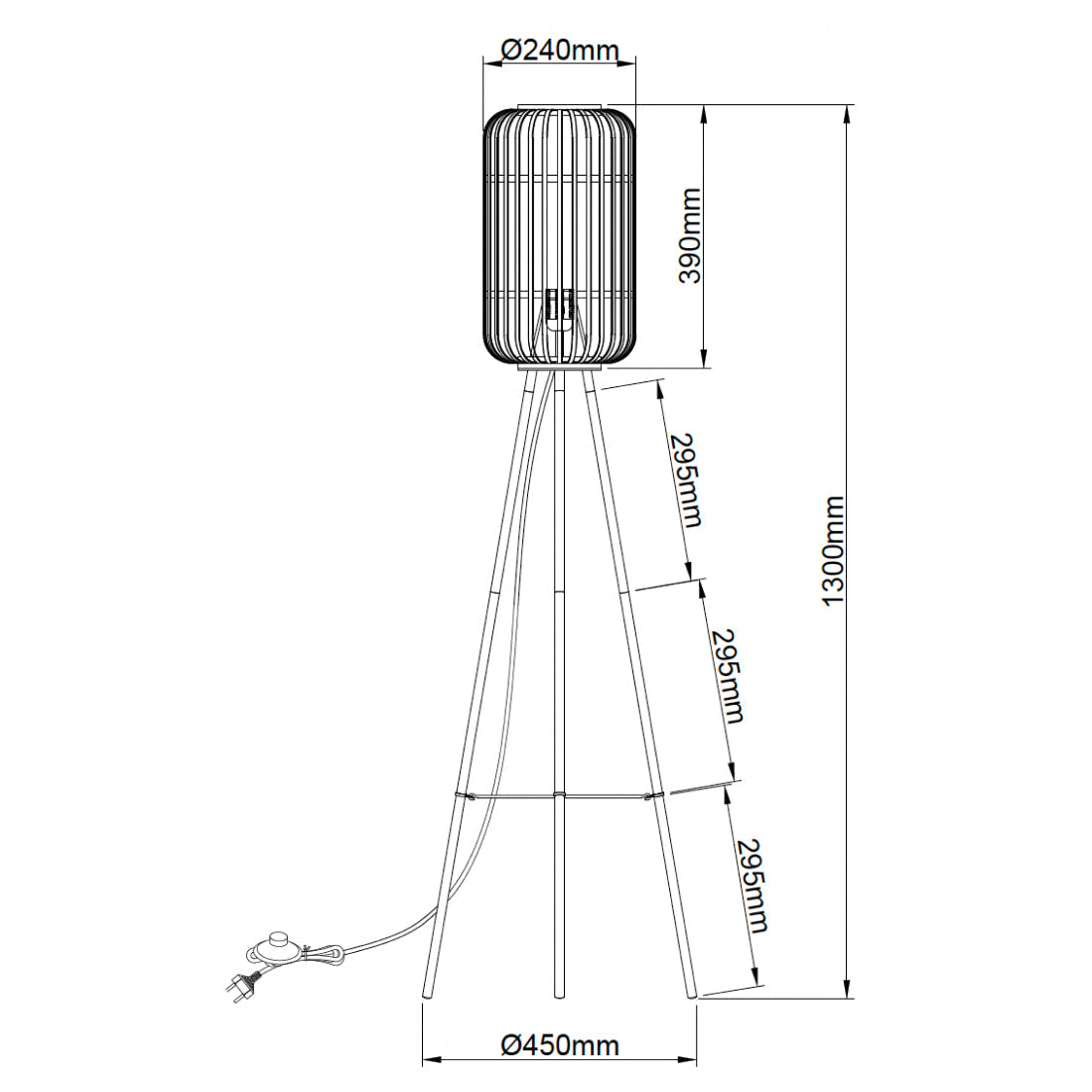 Technische tekening van de Various Woven vloerlamp Ø22 cm met hoogte 130 cm en E27 fitting.