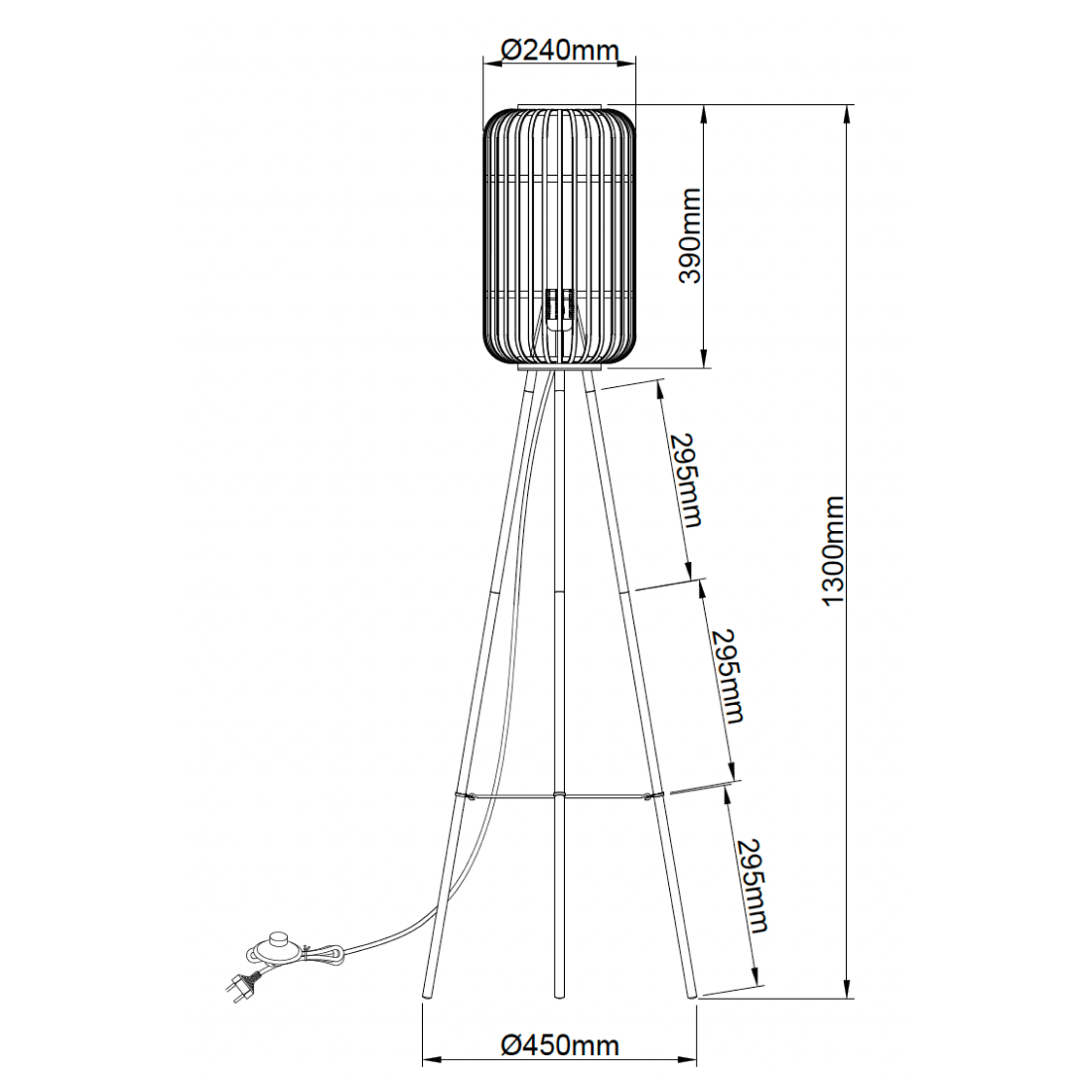 Various Floor Lamp Living Room with Rattan Lampshade Ø 22cm, Black Metal Tripod, E27, Total Height 130cm