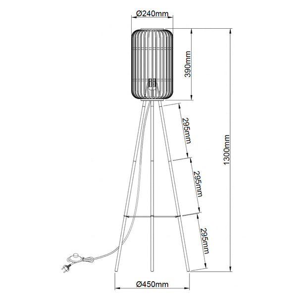 Technische tekening van de Various Woven vloerlamp Ø22 cm met hoogte 130 cm en E27 fitting.