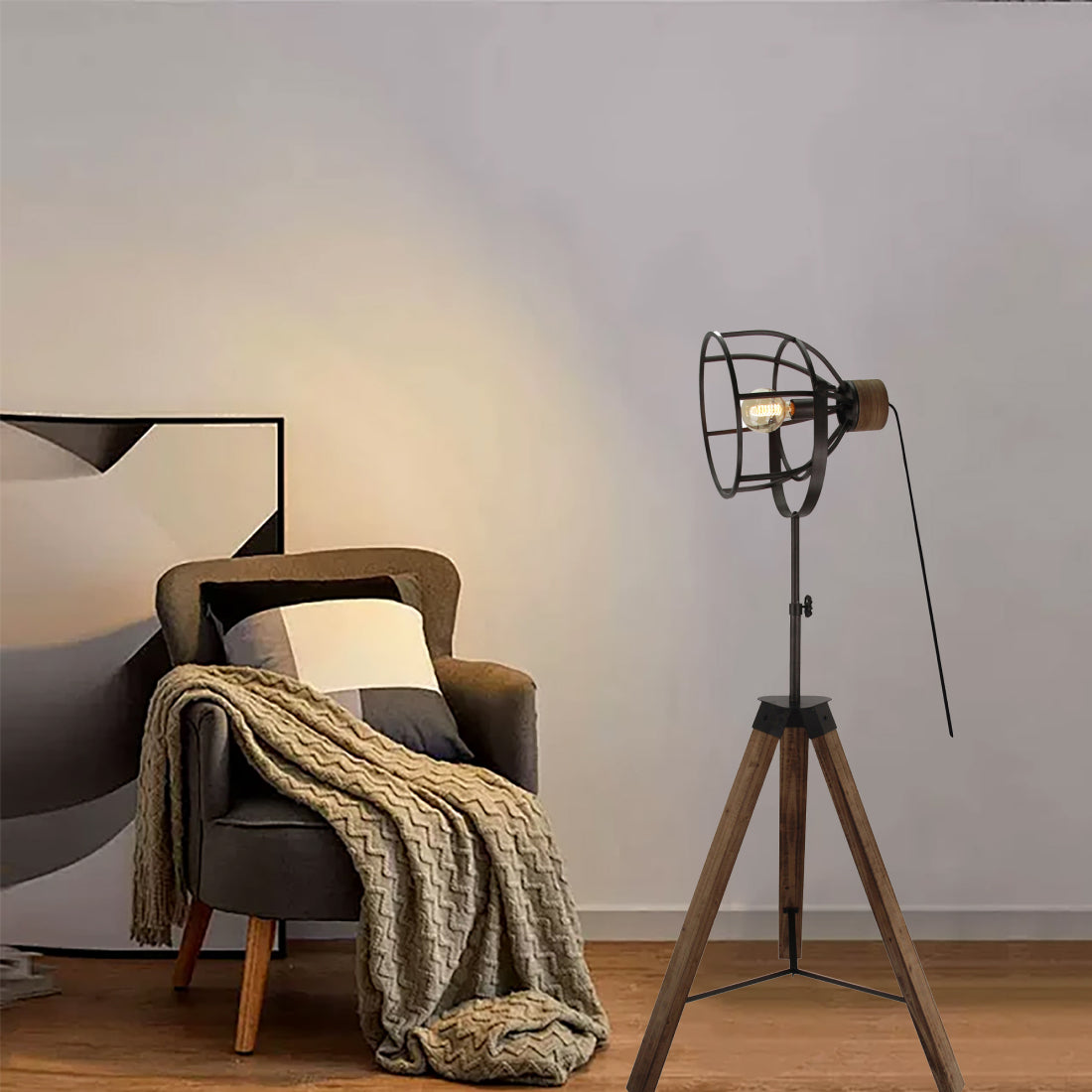 Various Frame Floor Lamp – Industrial Design with Metal Shade and Wooden Tripod (165 cm)