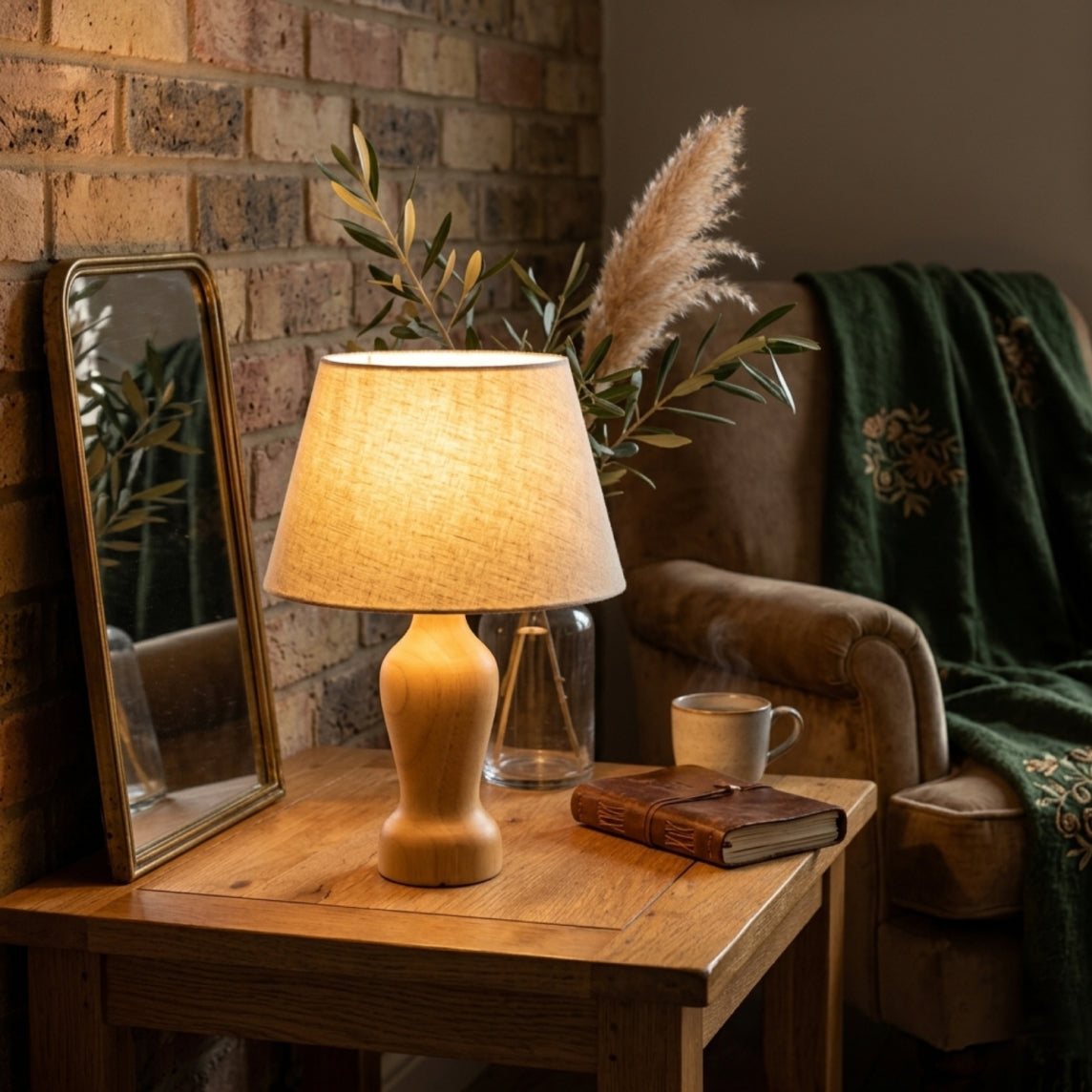 Sfeervolle verlichting in een woonkamer met een kleine houten tafellamp naast een okergele fauteuil.