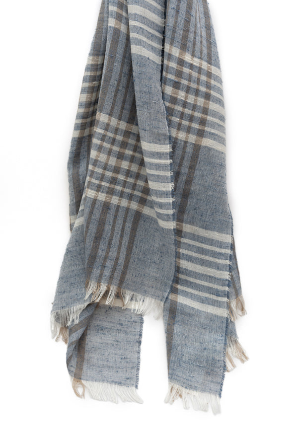 Light Blue Checked Pure Silk Scarf
