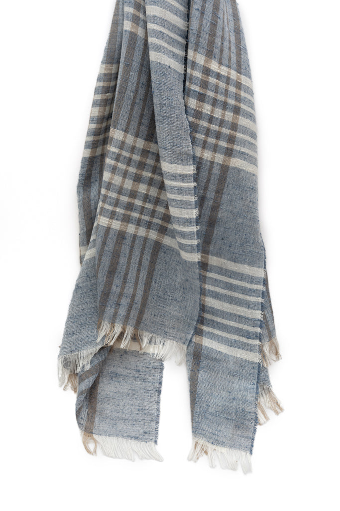 Light Blue Checked Pure Silk Scarf