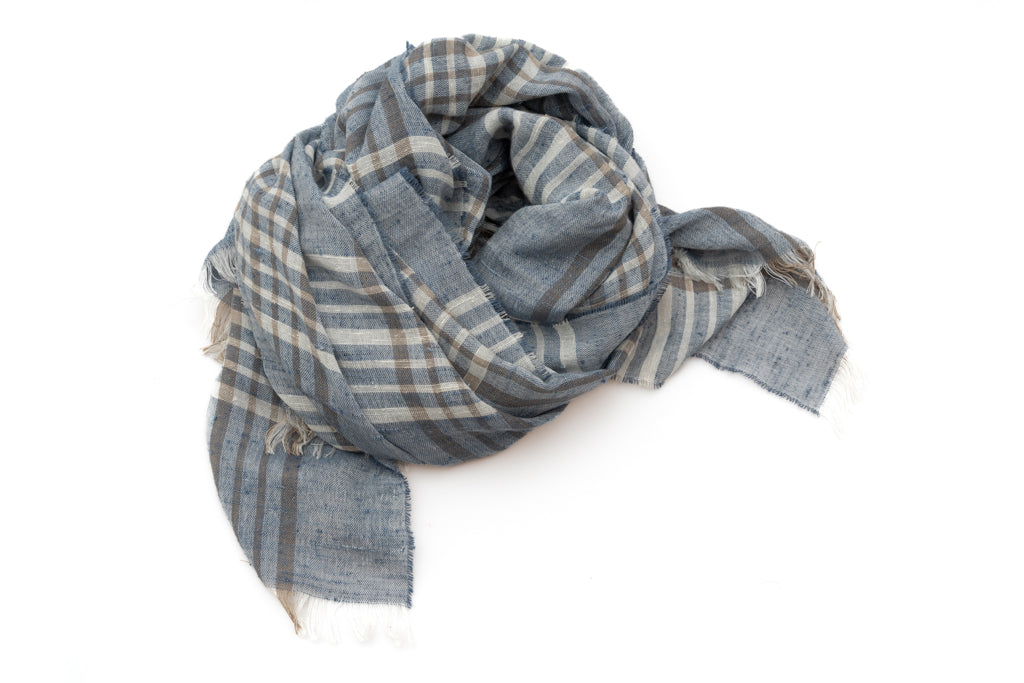Light Blue Checked Pure Silk Scarf