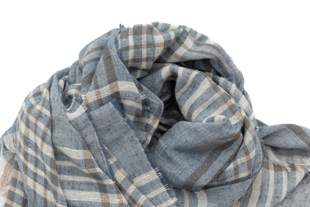Light Blue Checked Pure Silk Scarf