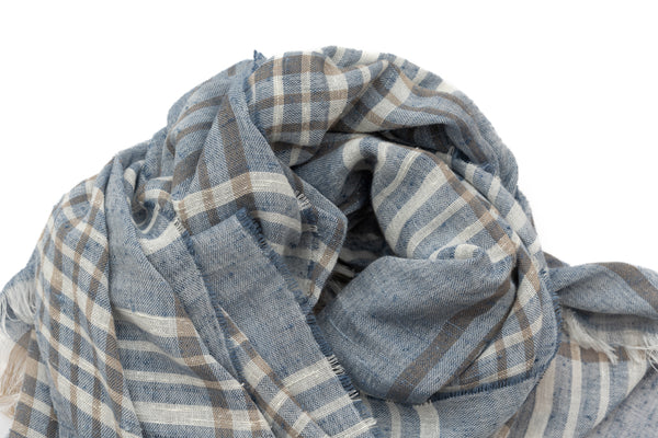 Light Blue Checked Pure Silk Scarf