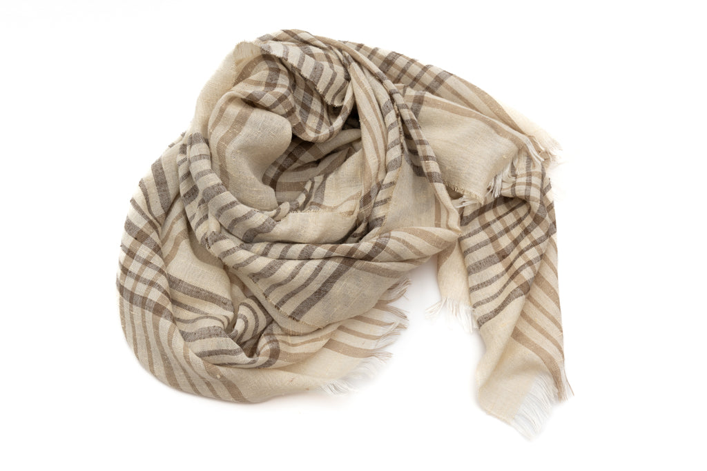 Beige Checkered Pure Silk Scarf