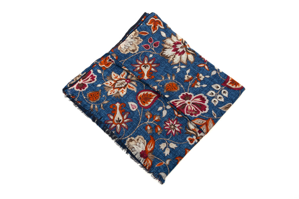 Blue Double Layer Scarf in Floral Pattern Pure Wool