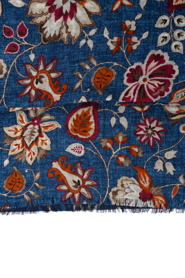Blue double-layer scarf in pure wool floral pattern