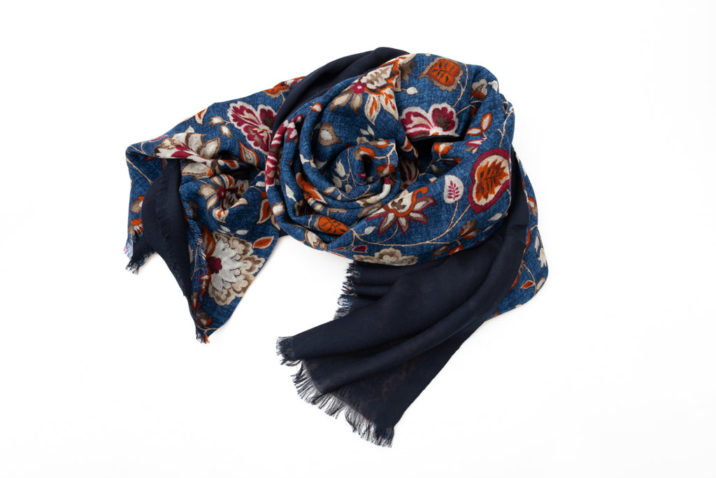 Blue Double Layer Scarf in Floral Pattern Pure Wool