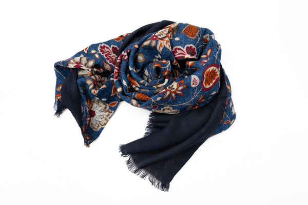 Blue Double Layer Scarf in Floral Pattern Pure Wool