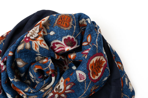 Blue Double Layer Scarf in Floral Pattern Pure Wool