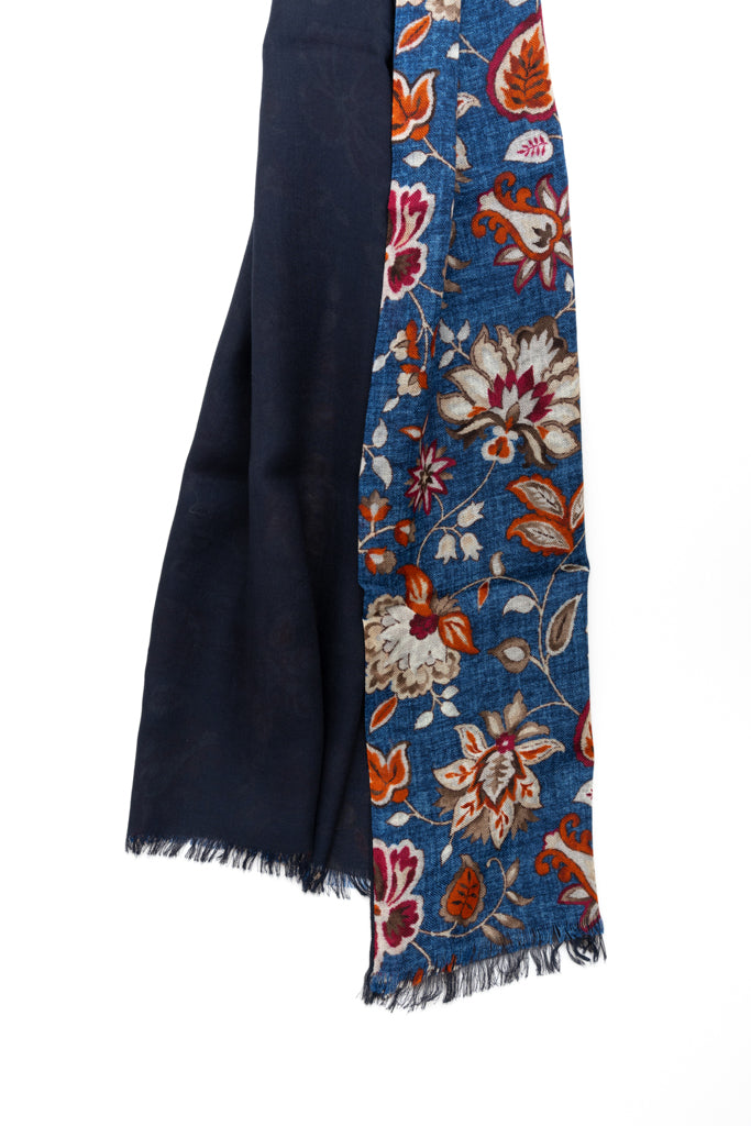 Blue Double Layer Scarf in Floral Pattern Pure Wool