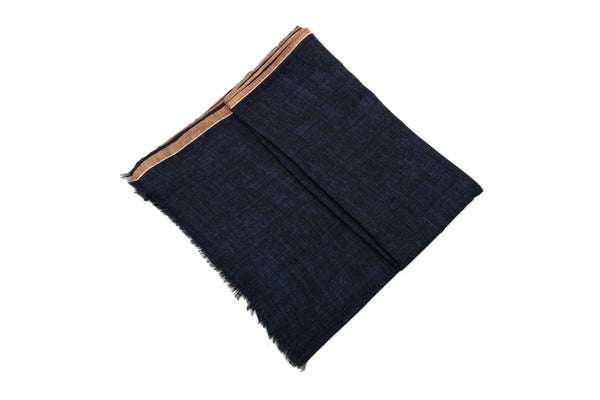 Blue double-layer scarf with beige border pure wool