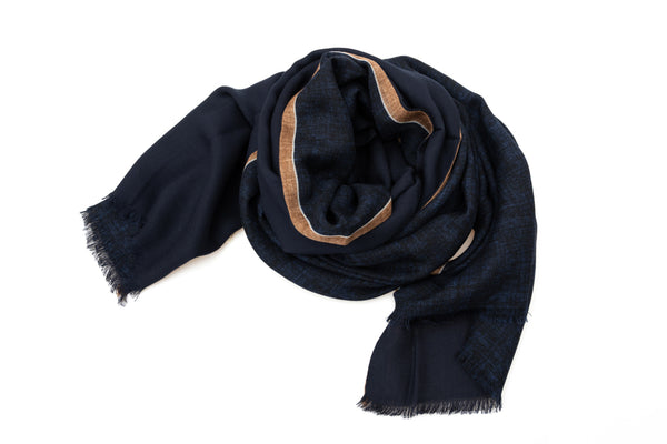 Modra dvojna šal z bež robom iz čiste volne