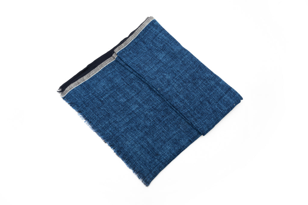 Blue double-layer scarf with gray border pure wool