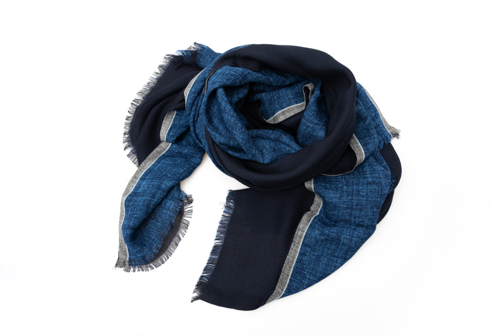Blue double-layer scarf with gray border pure wool