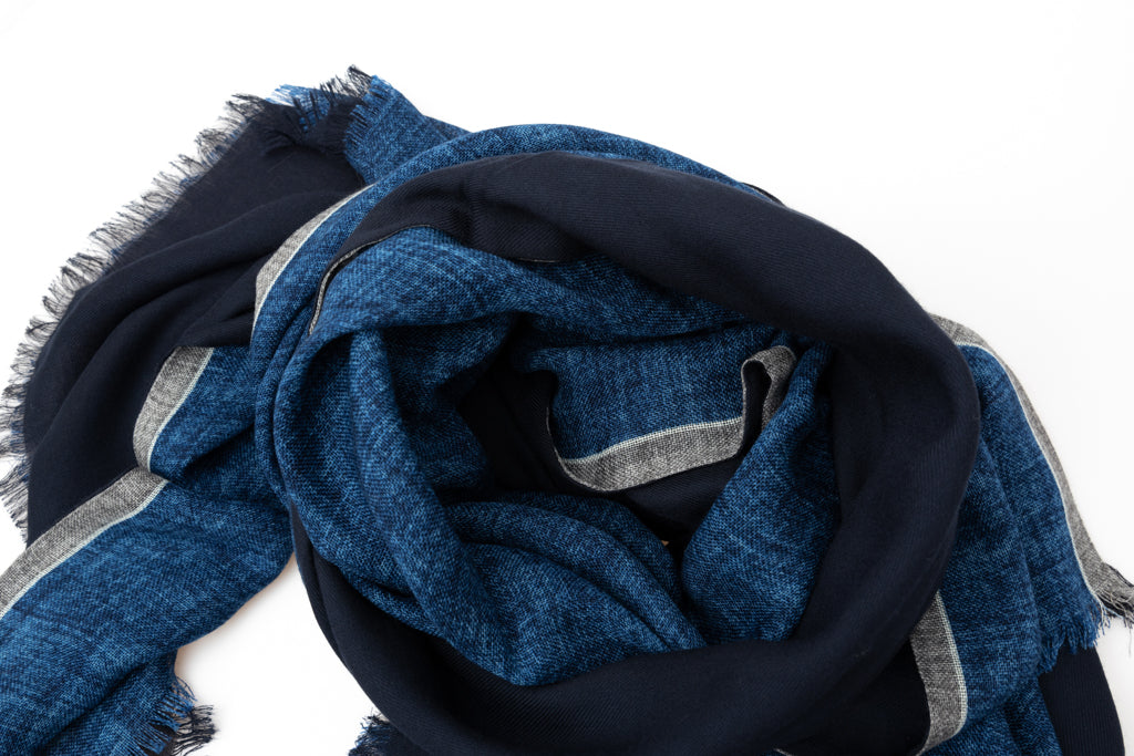 Blue double-layer scarf with gray border pure wool