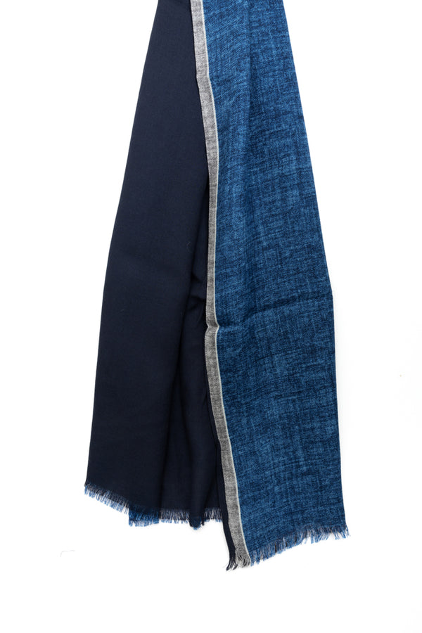 Blue double-layer scarf with gray border pure wool