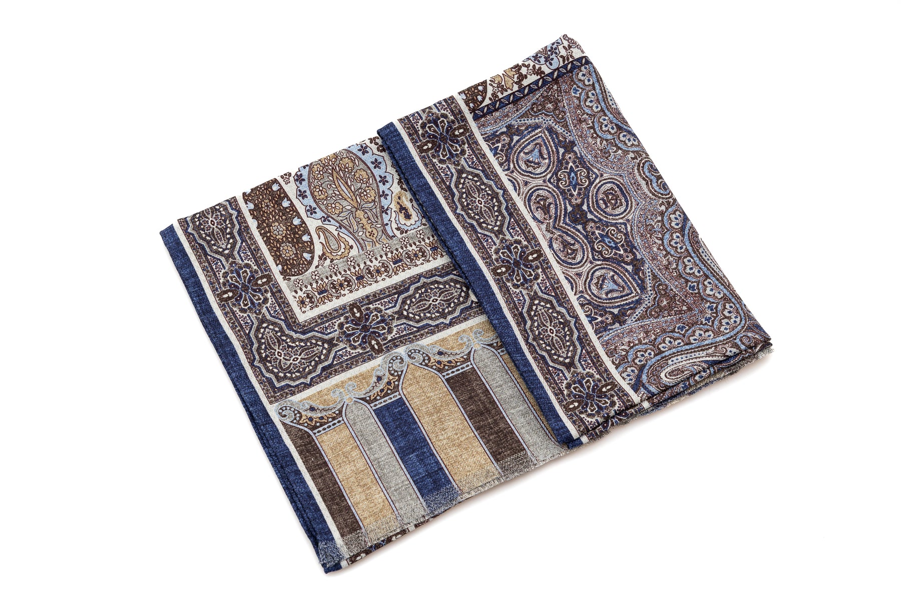 Double-Faced Blue Pattern Scarf 100% Silk