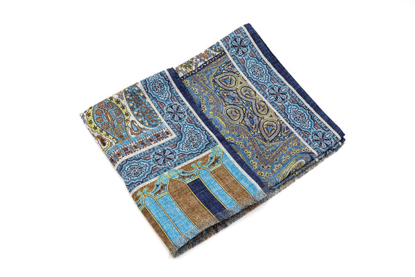 Light blue scarf in colorful pattern 100% silk