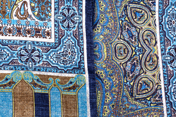 Light blue scarf in colorful pattern 100% silk