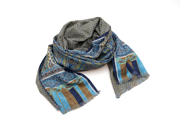 Light blue scarf in colorful pattern 100% silk