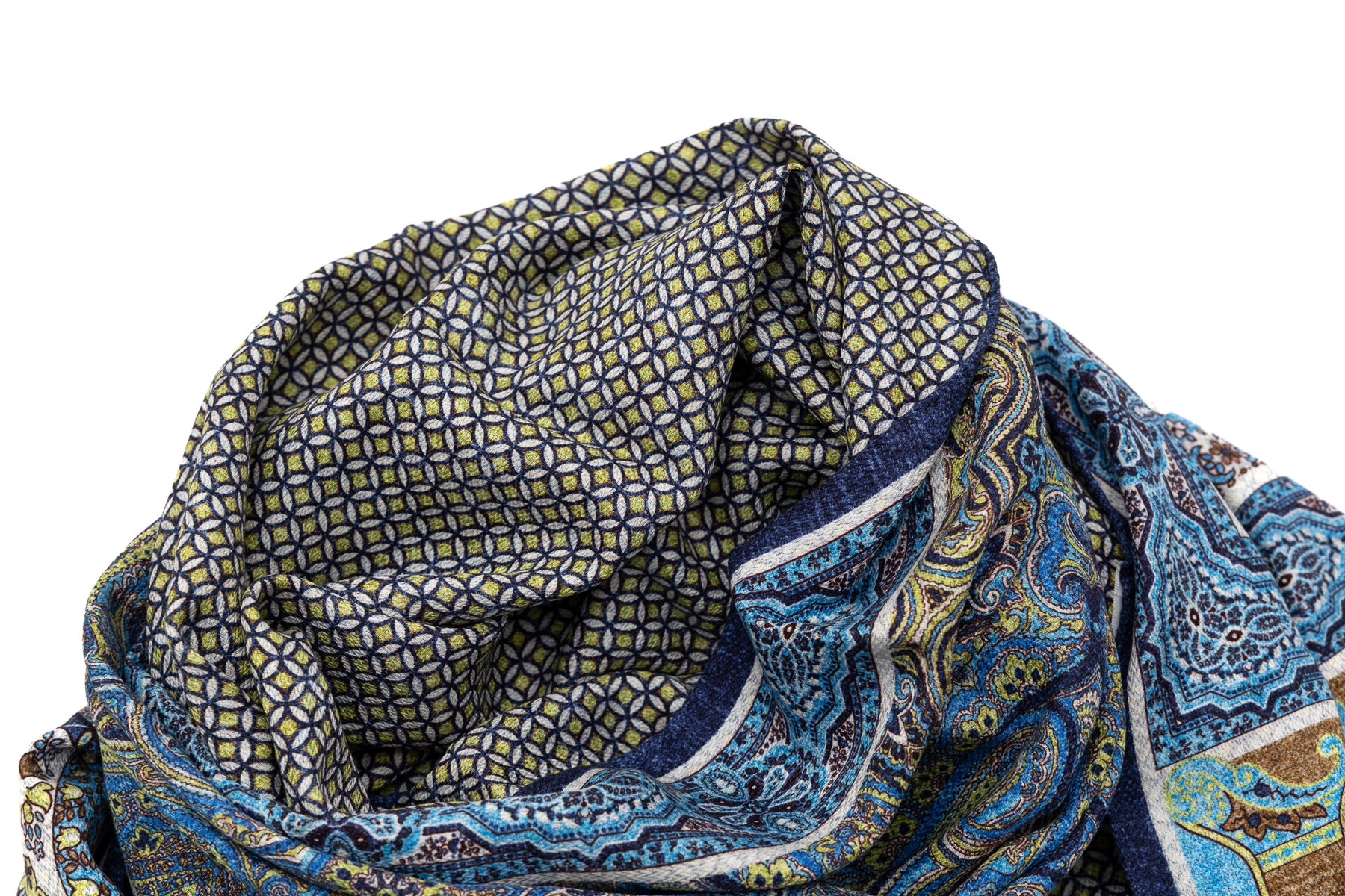 Light blue scarf in colorful pattern 100% silk
