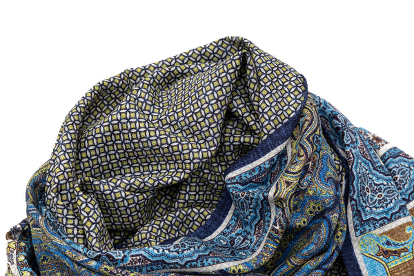 Light blue scarf in colorful pattern 100% silk