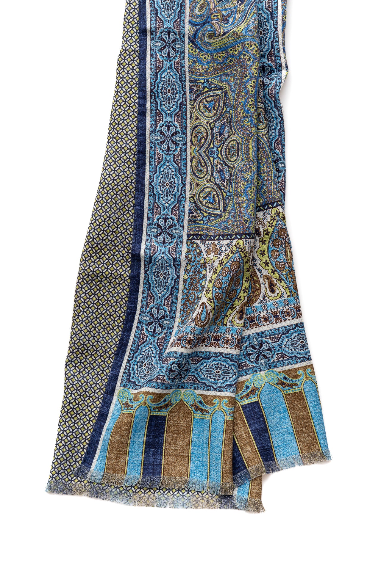Light blue scarf in colorful pattern 100% silk
