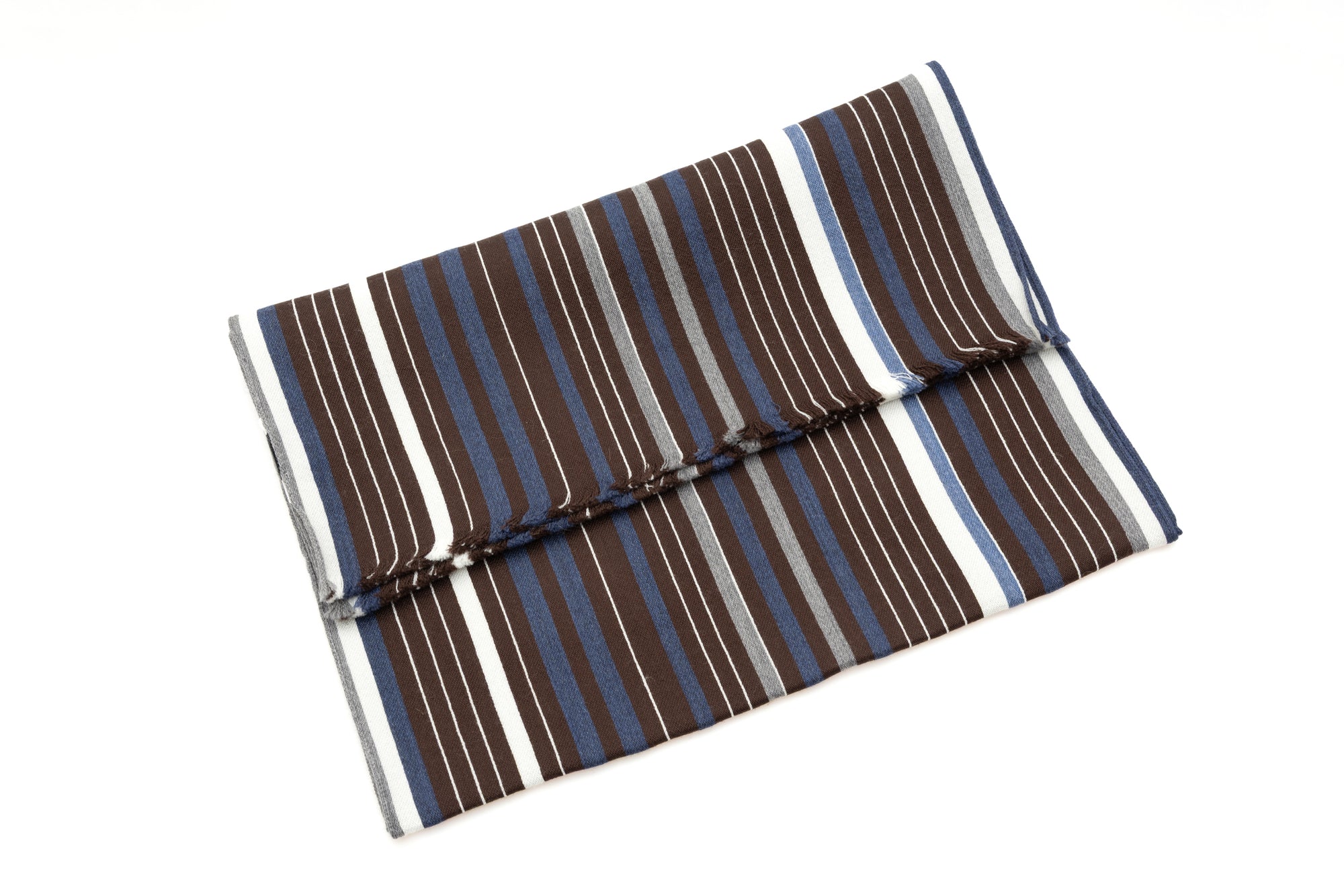 Écharpe marron avec des rayures grises et bleues en laine de soie